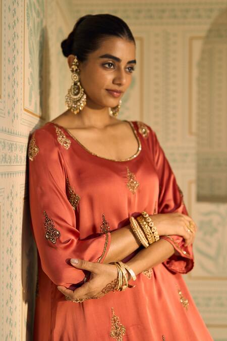 Buy Sarang Kaur Orange Satin, Georgette, Silk Sequins, Beads, Chavi Kurta With Gharara Buy_Sarang Kaur_Orange Satin, Georgette, Silk Sequins, Beads, Chavi Kurta With Gharara