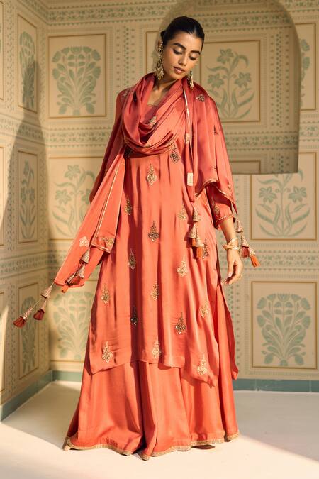 Shop Sarang Kaur Orange Satin, Georgette, Silk Sequins, Beads, Chavi Kurta With Gharara Shop_Sarang Kaur_Orange Satin, Georgette, Silk Sequins, Beads, Chavi Kurta With Gharara