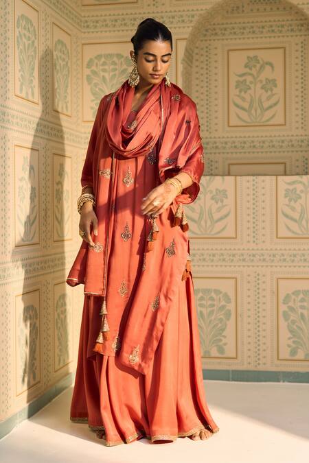 Sarang Kaur_Orange Satin, Georgette Sequins, Beads Chavi Embroidered Dupatta _Online_at_Aza_Fashions