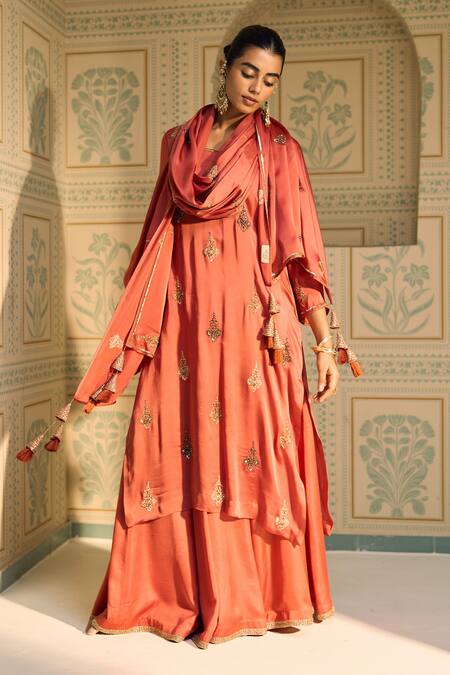 Buy_Sarang Kaur_Orange Satin, Georgette Sequins, Beads Chavi Embroidered Dupatta _Online_at_Aza_Fashions