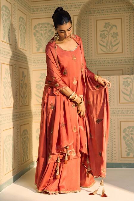 Shop_Sarang Kaur_Orange Satin, Georgette Sequins, Beads Chavi Embroidered Dupatta _Online_at_Aza_Fashions