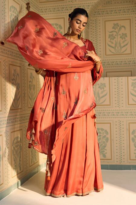 Sarang Kaur_Orange Satin, Georgette Sequins, Beads Chavi Embroidered Dupatta _at_Aza_Fashions