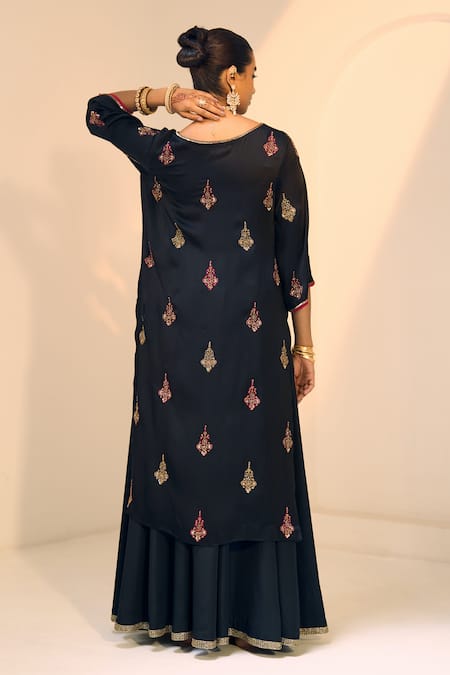 Shop Sarang Kaur Black Satin, Georgette, Silk Sequins, Beads, Chavi Floral Kurta With Gharara at Aza Fashions Shop_Sarang Kaur_Black Satin, Georgette, Silk Sequins, Beads, Chavi Floral Kurta With Gharara _at_Aza_Fashions