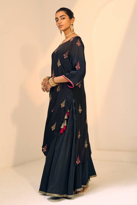 Buy Sarang Kaur Black Satin, Georgette, Silk Sequins, Beads, Chavi Floral Kurta With Gharara Online at Aza Fashions Buy_Sarang Kaur_Black Satin, Georgette, Silk Sequins, Beads, Chavi Floral Kurta With Gharara _Online_at_Aza_Fashions