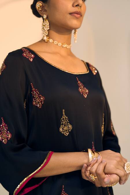 Sarang Kaur Black Satin, Georgette, Silk Sequins, Beads, Chavi Floral Kurta With Gharara at Aza Fashions Sarang Kaur_Black Satin, Georgette, Silk Sequins, Beads, Chavi Floral Kurta With Gharara _at_Aza_Fashions