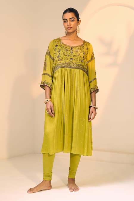 Sarang Kaur Green Kurta Satin Georgette Hand Embroidered Thread Lavanya Floral With Pant 