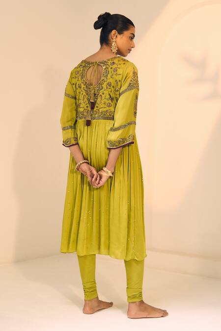 Shop Sarang Kaur Green Satin, Georgette, Lycra Embroidery Round Lavanya Floral Kurta With Pant at Aza Fashions Shop_Sarang Kaur_Green Satin, Georgette, Lycra Embroidery Round Lavanya Floral Kurta With Pant _at_Aza_Fashions