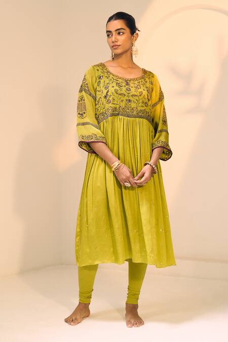 Buy Sarang Kaur Green Satin, Georgette, Lycra Embroidery Round Lavanya Floral Kurta With Pant Online at Aza Fashions Buy_Sarang Kaur_Green Satin, Georgette, Lycra Embroidery Round Lavanya Floral Kurta With Pant _Online_at_Aza_Fashions
