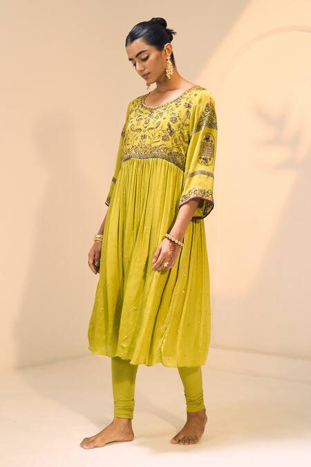 Shop Sarang Kaur Green Satin, Georgette, Lycra Embroidery Round Lavanya Floral Kurta With Pant Online at Aza Fashions Shop_Sarang Kaur_Green Satin, Georgette, Lycra Embroidery Round Lavanya Floral Kurta With Pant _Online_at_Aza_Fashions