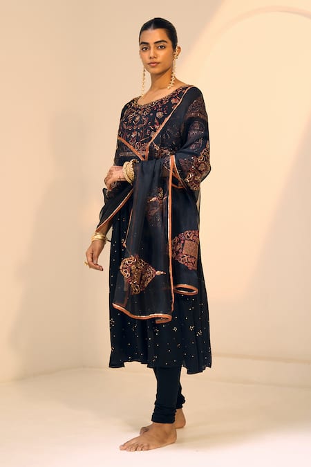 Shop Sarang Kaur Black Satin, Georgette, Lycra Sequins, Beads Lavanya Embroidered Kurta With Pant Online at Aza Fashions Shop_Sarang Kaur_Black Satin, Georgette, Lycra Sequins, Beads Lavanya Embroidered Kurta With Pant _Online_at_Aza_Fashions