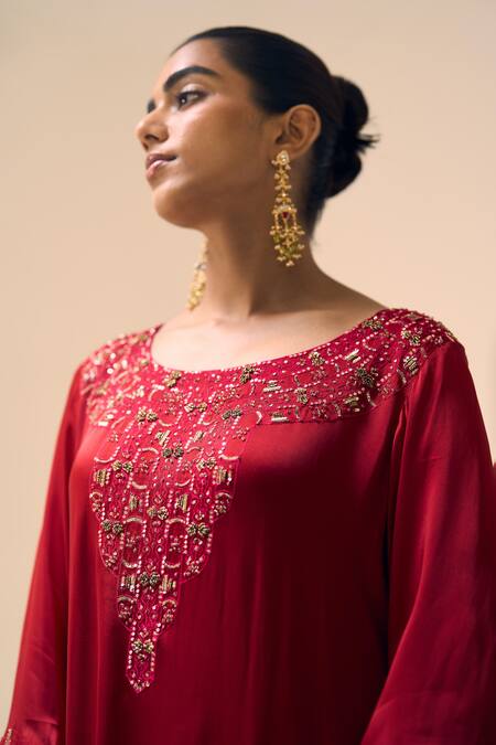 Shop Sarang Kaur Red Satin, Georgette, Silk Sequins, Beads, Embroidery Isha Kurta With Pant Online at Aza Fashions Shop_Sarang Kaur_Red Satin, Georgette, Silk Sequins, Beads, Embroidery Isha Kurta With Pant _Online_at_Aza_Fashions