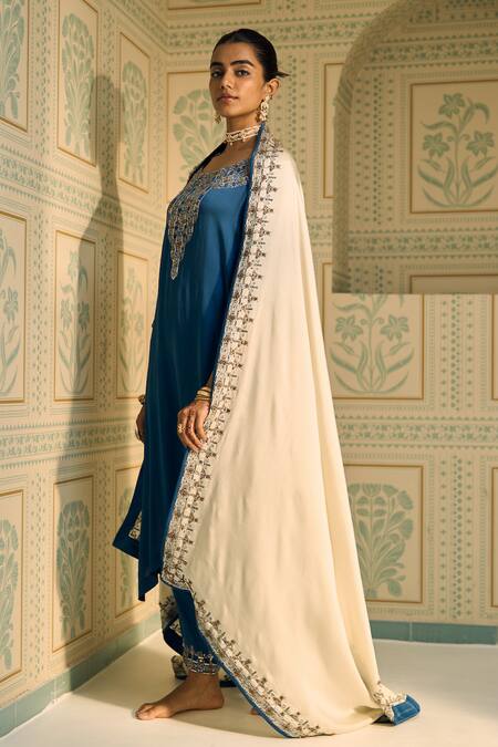 Sarang Kaur_White Satin, Georgette Sequins, Beads, Embroidery Isha Geometric Dupatta _Online_at_Aza_Fashions