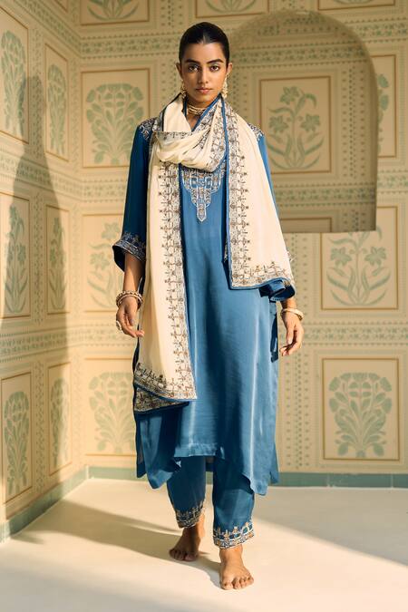 Shop_Sarang Kaur_White Satin, Georgette Sequins, Beads, Embroidery Isha Geometric Dupatta _Online_at_Aza_Fashions