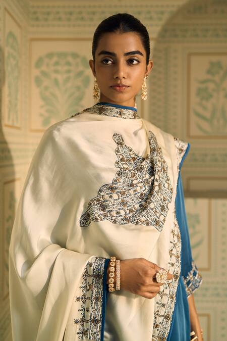 Buy_Sarang Kaur_White Satin, Georgette Sequins, Beads, Embroidery Isha Geometric Dupatta 