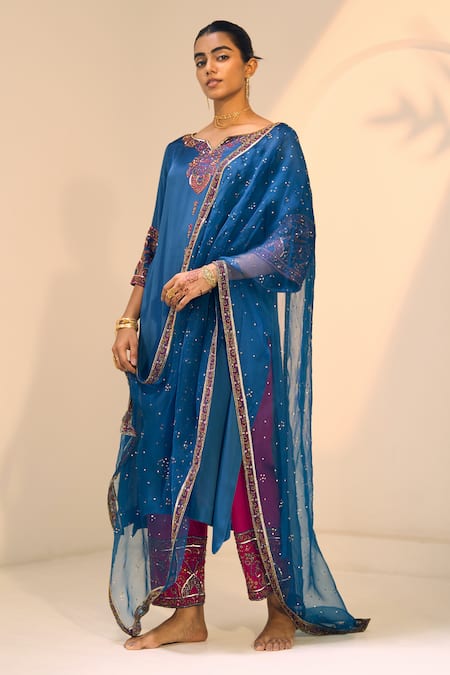 Sarang Kaur Blue Organza Silk Hand Embroidered Thread Tarra Geometric Floral Dupatta 