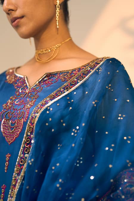 Shop_Sarang Kaur_Blue Organza, Silk Sequins, Beads Tarra Geometric Floral Embroidered Dupatta _Online_at_Aza_Fashions