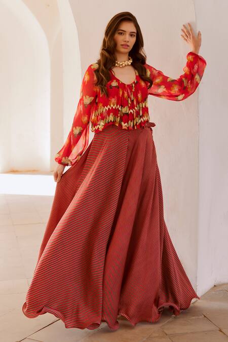 Pallavi Jaipur_Red Chiffon, Silk Round Neck Poppy Planet Print Top And Skirt Set _Online_at_Aza_Fashions