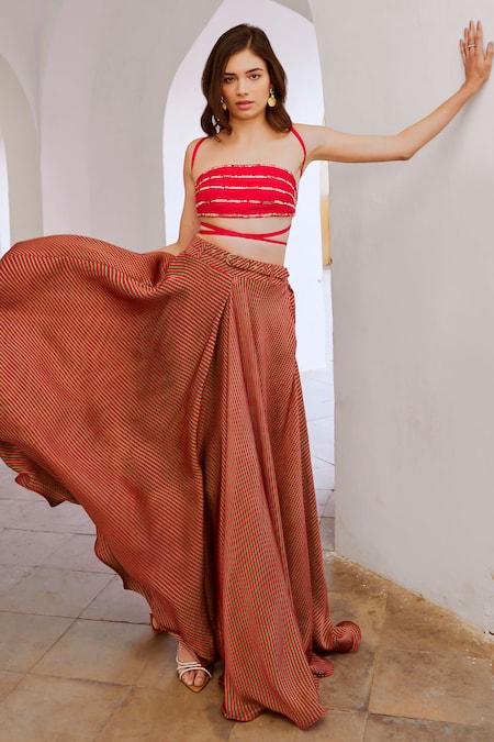 Pallavi Jaipur_Red Silk Embroidery Bandeau Neck String Top And Skirt Set _Online_at_Aza_Fashions