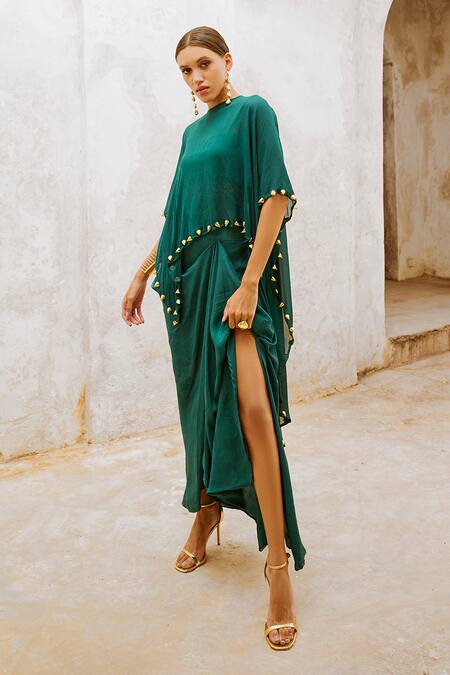 Pallavi Jaipur_Green Silk Beads Embroidered Cape Draped Skirt Set _Online_at_Aza_Fashions