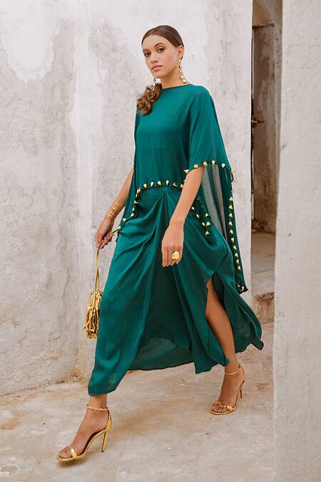 Buy_Pallavi Jaipur_Green Silk Beads Embroidered Cape Draped Skirt Set _Online_at_Aza_Fashions