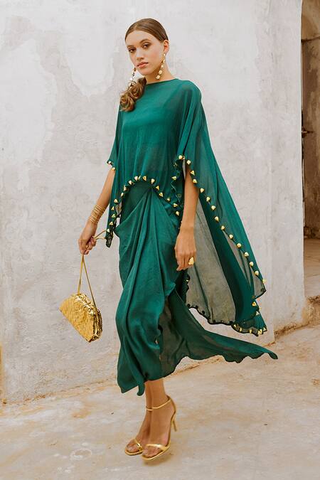 Shop_Pallavi Jaipur_Green Silk Beads Embroidered Cape Draped Skirt Set _Online_at_Aza_Fashions
