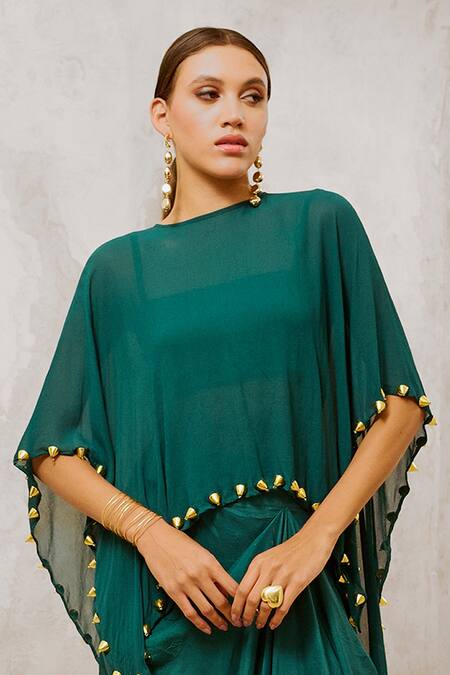 Pallavi Jaipur_Green Silk Beads Embroidered Cape Draped Skirt Set _at_Aza_Fashions