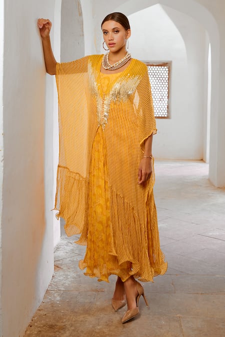 Buy Pallavi Jaipur Yellow Chiffon, Silk Sequins V-neck, Round Matchstix Print Kaftan With Dress Online at Aza Fashions Buy_Pallavi Jaipur_Yellow Chiffon, Silk Sequins V-neck, Round Matchstix Print Kaftan With Dress _Online_at_Aza_Fashions