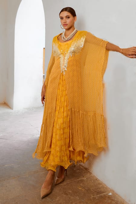 Shop Pallavi Jaipur Yellow Chiffon, Silk Sequins V-neck, Round Matchstix Print Kaftan With Dress Online at Aza Fashions Shop_Pallavi Jaipur_Yellow Chiffon, Silk Sequins V-neck, Round Matchstix Print Kaftan With Dress _Online_at_Aza_Fashions