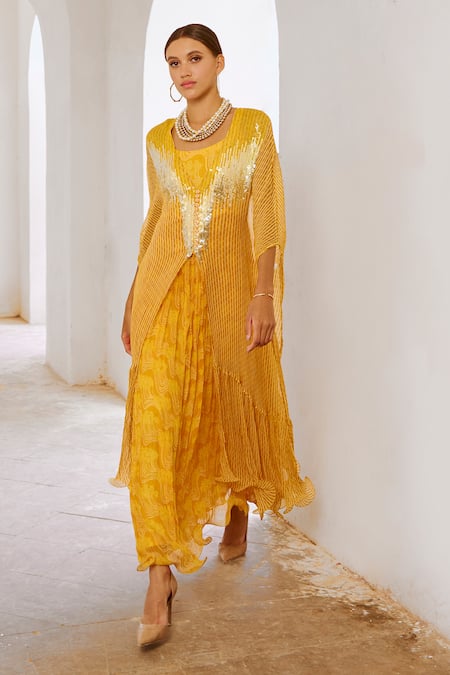 Pallavi Jaipur Yellow Chiffon, Silk Sequins V-neck, Round Matchstix Print Kaftan With Dress at Aza Fashions Pallavi Jaipur_Yellow Chiffon, Silk Sequins V-neck, Round Matchstix Print Kaftan With Dress _at_Aza_Fashions