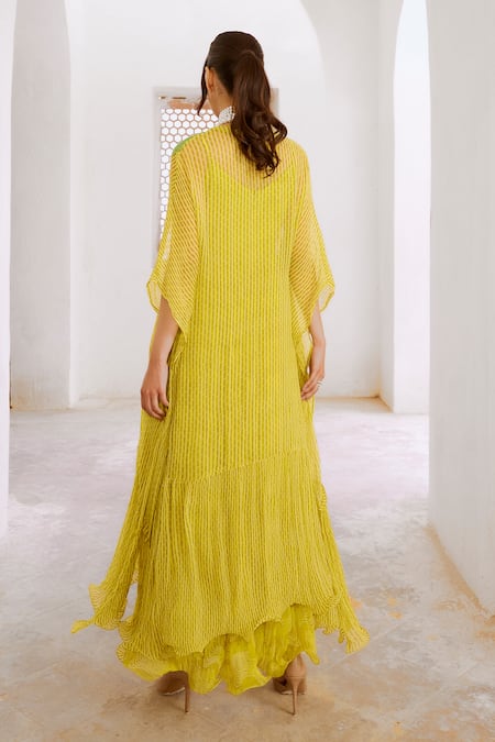 Pallavi Jaipur Green Chiffon, Silk Embroidery, Sequins V-neck, Round Printed Kaftan With Dress Online at Aza Fashions Pallavi Jaipur_Green Chiffon, Silk Embroidery, Sequins V-neck, Round Printed Kaftan With Dress _Online_at_Aza_Fashions