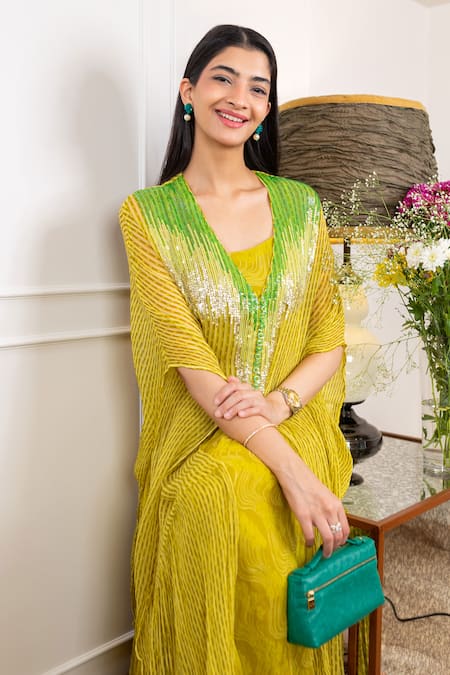 Buy Pallavi Jaipur Green Chiffon, Silk Embroidery, Sequins V-neck, Round Printed Kaftan With Dress Online at Aza Fashions Buy_Pallavi Jaipur_Green Chiffon, Silk Embroidery, Sequins V-neck, Round Printed Kaftan With Dress _Online_at_Aza_Fashions