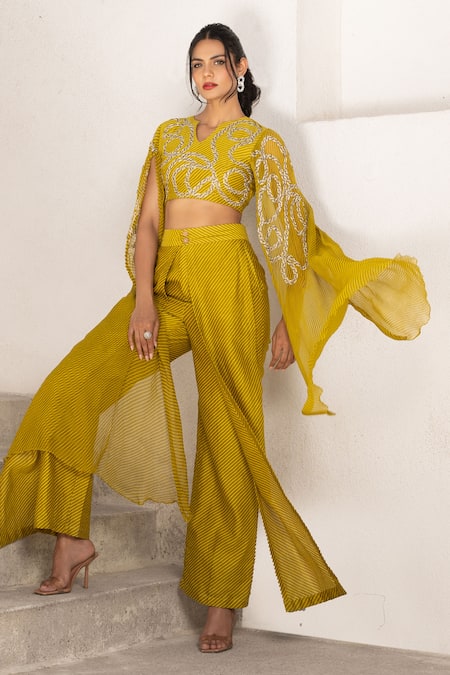 Shop Pallavi Jaipur Green Split V-neck Diagonal Stripe Embroidered Crop Top And Pant Set Online at Aza Fashions Shop_Pallavi Jaipur_Green Split V-neck Diagonal Stripe Embroidered Crop Top And Pant Set _Online_at_Aza_Fashions