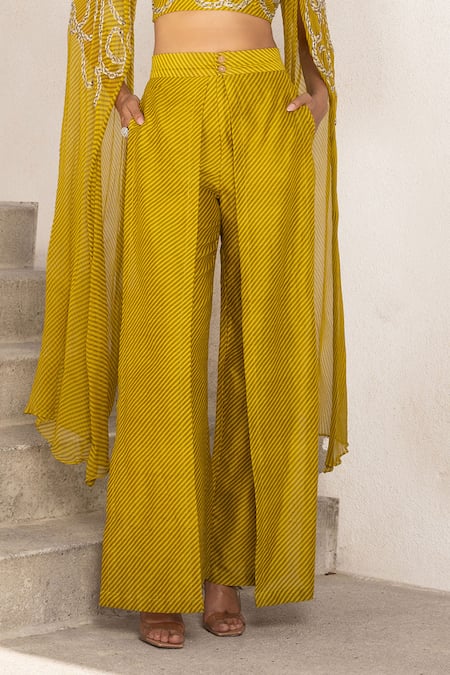 Buy Pallavi Jaipur Green Split V-neck Diagonal Stripe Embroidered Crop Top And Pant Set Buy_Pallavi Jaipur_Green Split V-neck Diagonal Stripe Embroidered Crop Top And Pant Set