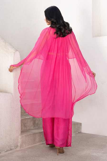 Shop Pallavi Jaipur Pink Tussar Cut Work Round Neck Bandee Cape Embroidered Flutter Pant Set at Aza Fashions Shop_Pallavi Jaipur_Pink Tussar Cut Work Round Neck Bandee Cape Embroidered Flutter Pant Set _at_Aza_Fashions