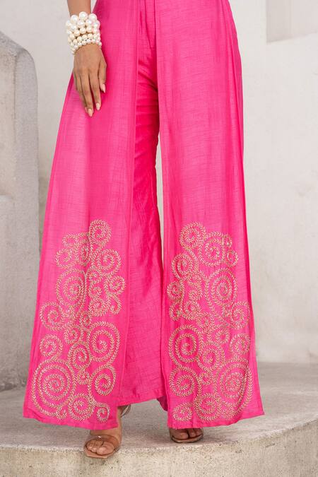Shop Pallavi Jaipur Pink Tussar Cut Work Round Neck Bandee Cape Embroidered Flutter Pant Set Online at Aza Fashions Shop_Pallavi Jaipur_Pink Tussar Cut Work Round Neck Bandee Cape Embroidered Flutter Pant Set _Online_at_Aza_Fashions