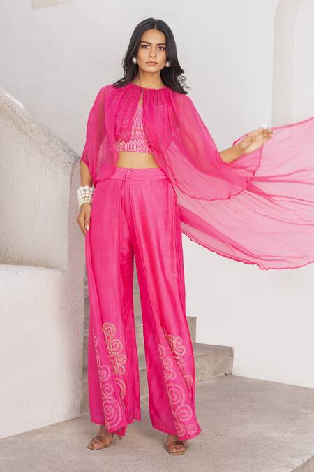 Pallavi Jaipur Pink Tussar Cut Work Round Neck Bandee Cape Embroidered Flutter Pant Set at Aza Fashions Pallavi Jaipur_Pink Tussar Cut Work Round Neck Bandee Cape Embroidered Flutter Pant Set _at_Aza_Fashions