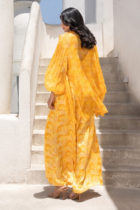 Shop Pallavi Jaipur Yellow Silk, Chiffon Plunge Neck Floral Fantasy Print Jumpsuit With Shirt at Aza Fashions Shop_Pallavi Jaipur_Yellow Silk, Chiffon Plunge Neck Floral Fantasy Print Jumpsuit With Shirt _at_Aza_Fashions