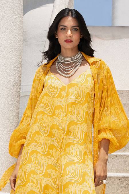 Pallavi Jaipur Yellow Silk, Chiffon Plunge Neck Floral Fantasy Print Jumpsuit With Shirt Online at Aza Fashions Pallavi Jaipur_Yellow Silk, Chiffon Plunge Neck Floral Fantasy Print Jumpsuit With Shirt _Online_at_Aza_Fashions