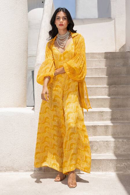Shop Pallavi Jaipur Yellow Silk, Chiffon Plunge Neck Floral Fantasy Print Jumpsuit With Shirt Online at Aza Fashions Shop_Pallavi Jaipur_Yellow Silk, Chiffon Plunge Neck Floral Fantasy Print Jumpsuit With Shirt _Online_at_Aza_Fashions