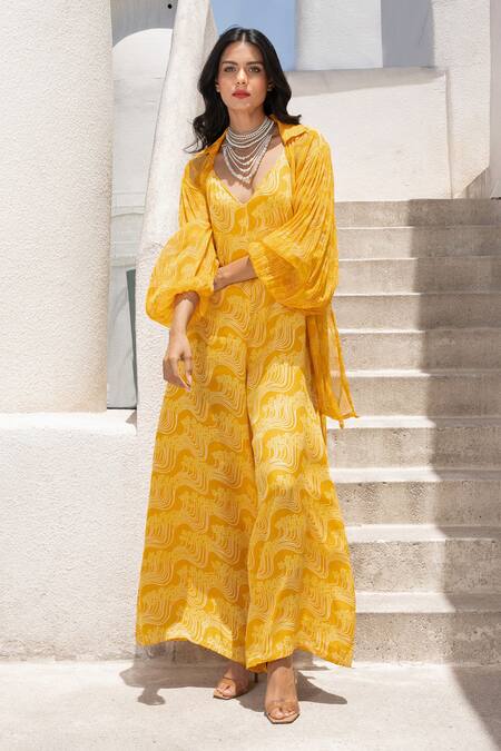 Pallavi Jaipur Yellow Silk, Chiffon Plunge Neck Floral Fantasy Print Jumpsuit With Shirt at Aza Fashions Pallavi Jaipur_Yellow Silk, Chiffon Plunge Neck Floral Fantasy Print Jumpsuit With Shirt _at_Aza_Fashions