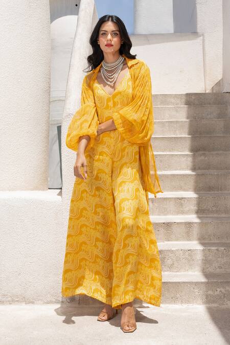Buy Pallavi Jaipur Yellow Silk, Chiffon Plunge Neck Floral Fantasy Print Jumpsuit With Shirt Buy_Pallavi Jaipur_Yellow Silk, Chiffon Plunge Neck Floral Fantasy Print Jumpsuit With Shirt