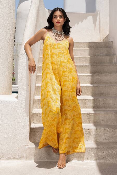 Shop Pallavi Jaipur Yellow Silk Plunge Neck Floral Fantasy Print Jumpsuit Online at Aza Fashions Shop_Pallavi Jaipur_Yellow Silk Plunge Neck Floral Fantasy Print Jumpsuit _Online_at_Aza_Fashions