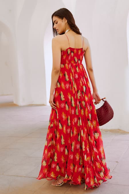 Shop Pallavi Jaipur Red Chiffon Pearls, Sequins V-neck Bagh Poppy Planet Print Dress at Aza Fashions Shop_Pallavi Jaipur_Red Chiffon Pearls, Sequins V-neck Bagh Poppy Planet Print Dress _at_Aza_Fashions
