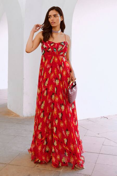 Pallavi Jaipur Red Chiffon Pearls, Sequins V-neck Bagh Poppy Planet Print Dress Online at Aza Fashions Pallavi Jaipur_Red Chiffon Pearls, Sequins V-neck Bagh Poppy Planet Print Dress _Online_at_Aza_Fashions