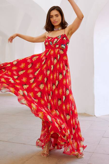 Shop Pallavi Jaipur Red Chiffon Pearls, Sequins V-neck Bagh Poppy Planet Print Dress Online at Aza Fashions Shop_Pallavi Jaipur_Red Chiffon Pearls, Sequins V-neck Bagh Poppy Planet Print Dress _Online_at_Aza_Fashions