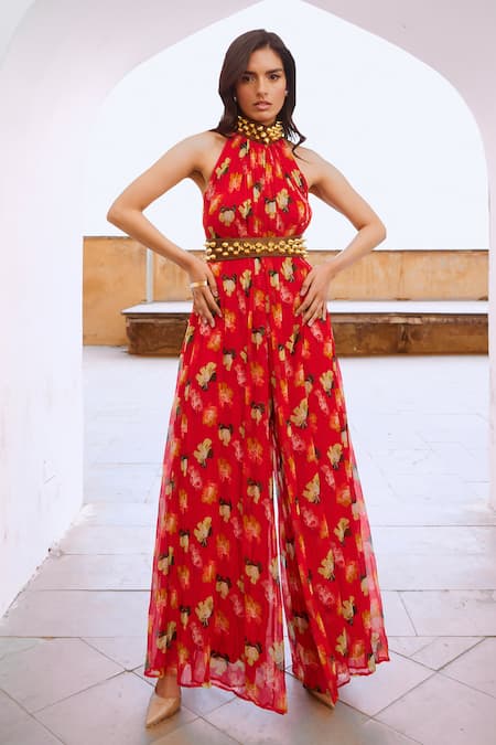 Pallavi Jaipur Red Chiffon Beads, Embroidery Halter Neck Poppy Planet Print Jumpsuit With Belt 
