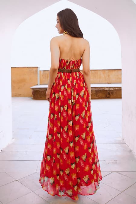Shop Pallavi Jaipur Red Chiffon Beads, Embroidery Halter Neck Poppy Planet Print Jumpsuit With Belt at Aza Fashions Shop_Pallavi Jaipur_Red Chiffon Beads, Embroidery Halter Neck Poppy Planet Print Jumpsuit With Belt _at_Aza_Fashions