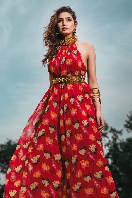 Pallavi Jaipur_Red Chiffon Beads, Embroidery Halter Neck Poppy Planet Print Jumpsuit With Belt _Online_at_Aza_Fashions