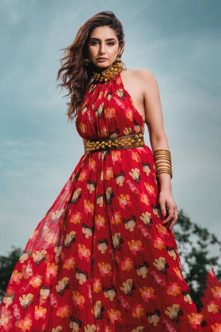 Buy_Pallavi Jaipur_Red Chiffon Beads, Embroidery Halter Neck Poppy Planet Print Jumpsuit With Belt _Online_at_Aza_Fashions
