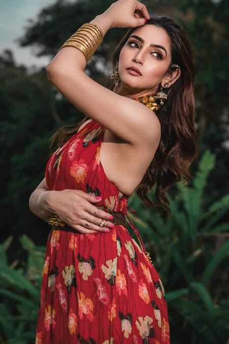 Shop_Pallavi Jaipur_Red Chiffon Beads, Embroidery Halter Neck Poppy Planet Print Jumpsuit With Belt _Online_at_Aza_Fashions